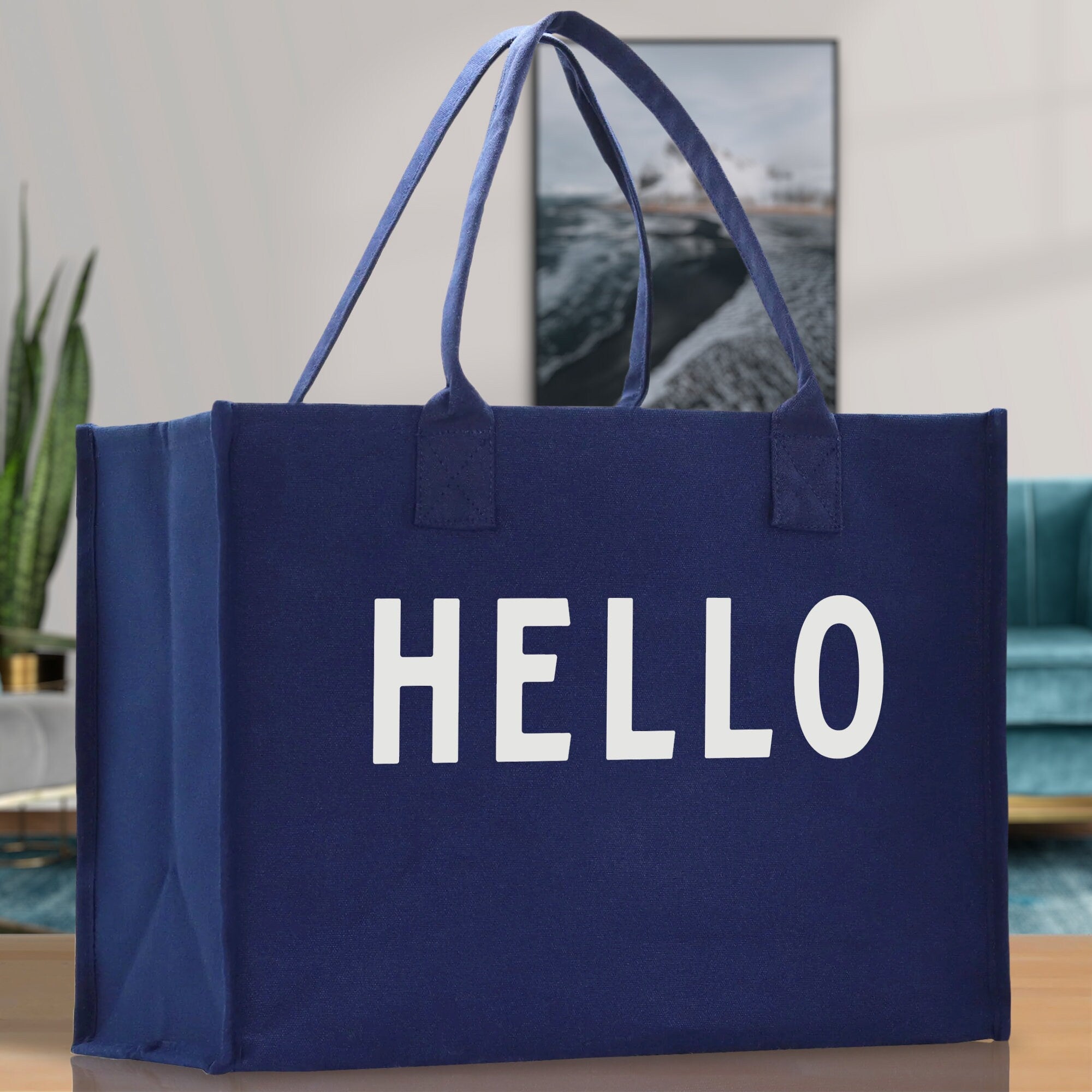 Hello Cotton Canvas Chic Beach Tote Bag Multipurpose Tote Weekender Tote Gift for Her Outdoor Tote Vacation Tote Large Beach Bag