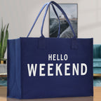 Hello Weekend Cotton Canvas Chic Beach Tote Bag Multipurpose Tote Weekender Tote Gift for Her Outdoor Tote Vacation Tote Large Beach Bag