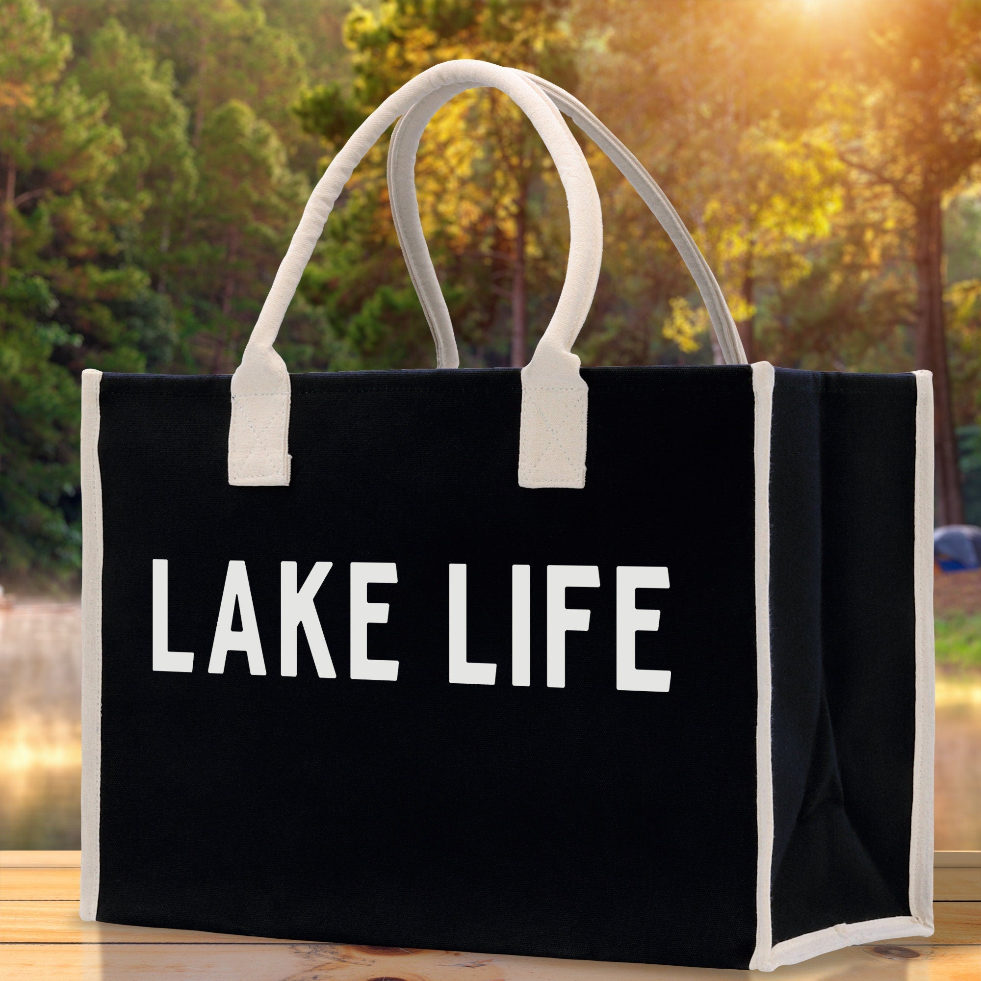 Lake Life Cotton Canvas Chic Beach Tote Bag Multipurpose Tote Weekender Tote Gift for Her Outdoor Tote Vacation Tote Large Beach Bag