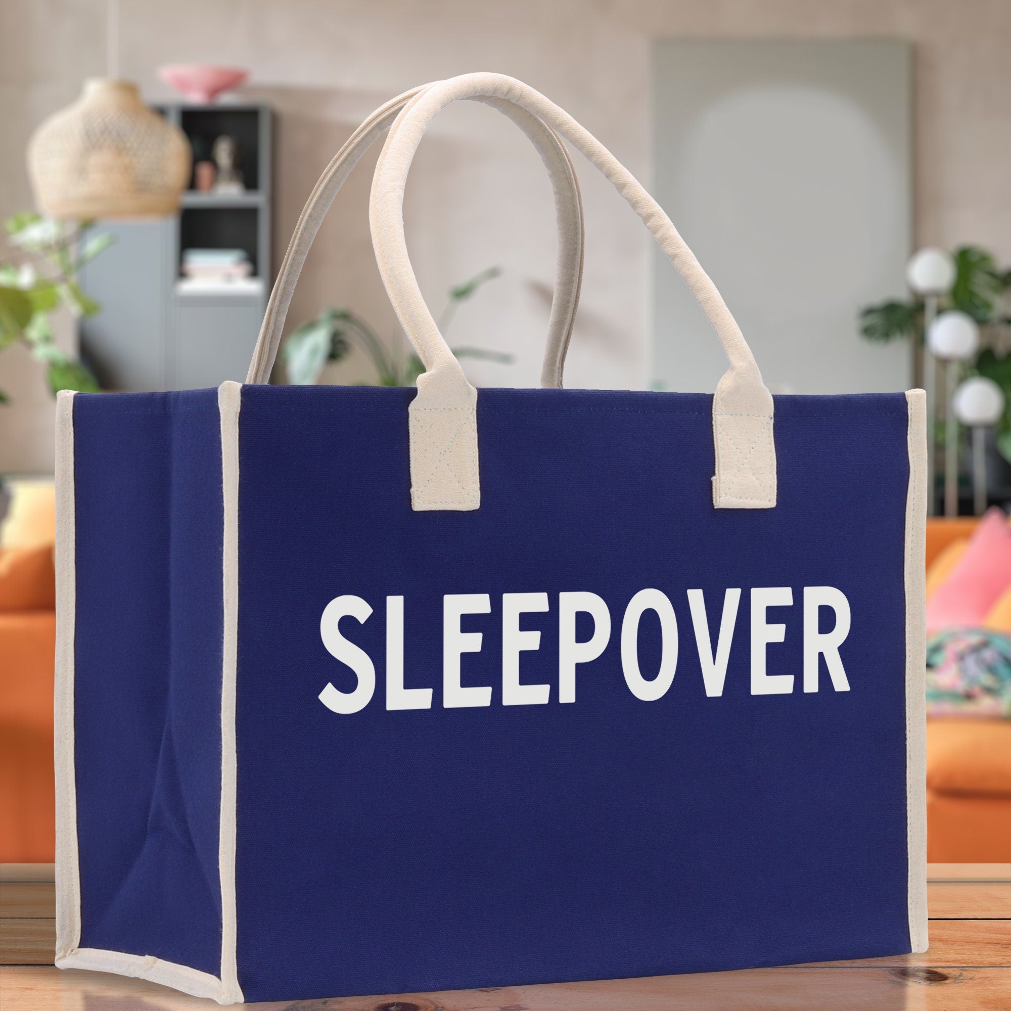 Sleepover Cotton Canvas Chic Beach Tote Bag Multipurpose Tote Weekender Tote Gift for Her Outdoor Tote Vacation Tote Large Beach Bag
