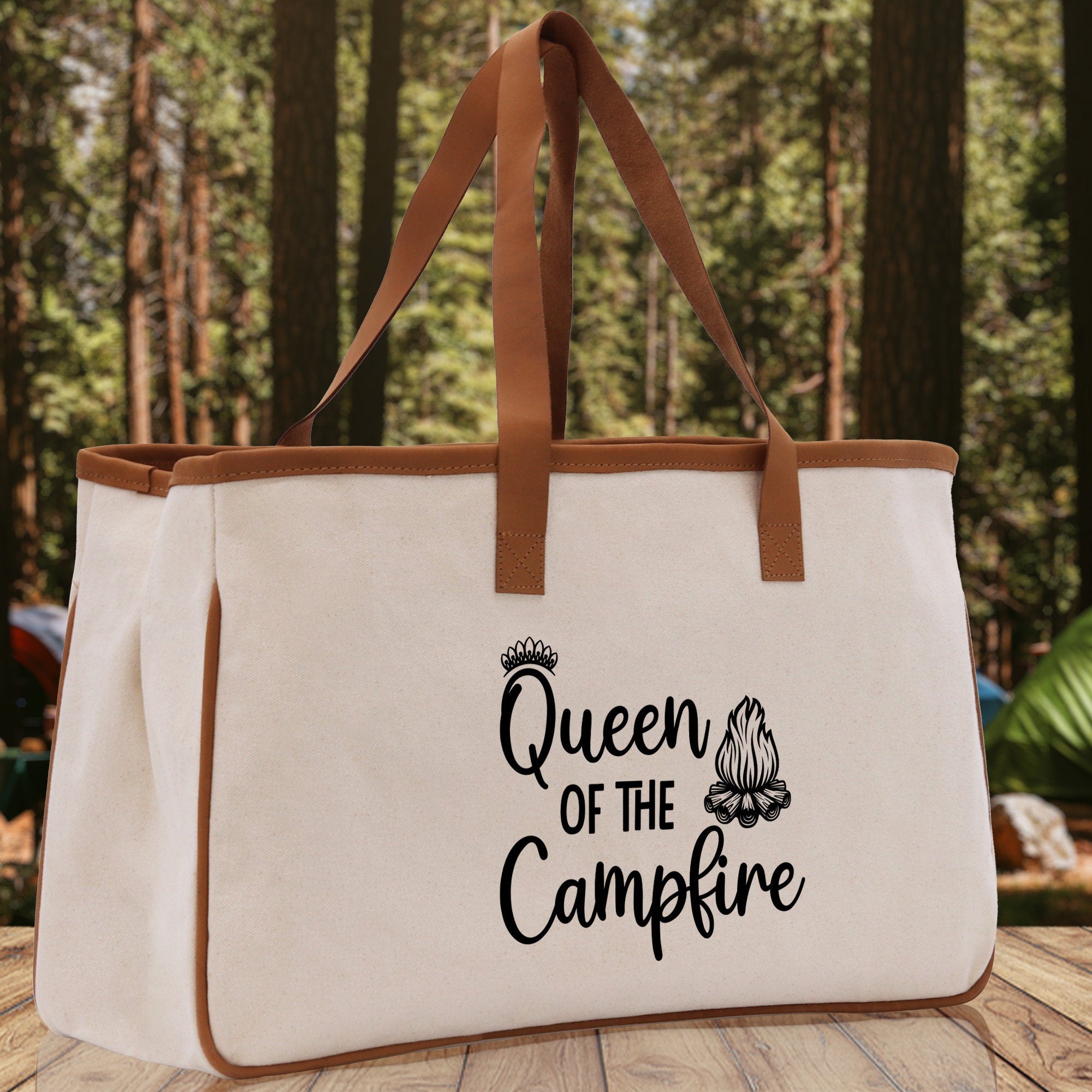 Queen of the Campfire  Cotton Canvas Chic Tote Bag Camping Tote Camping Lover Gift Tote Bag Outdoor Tote Weekender Tote Camper Tote