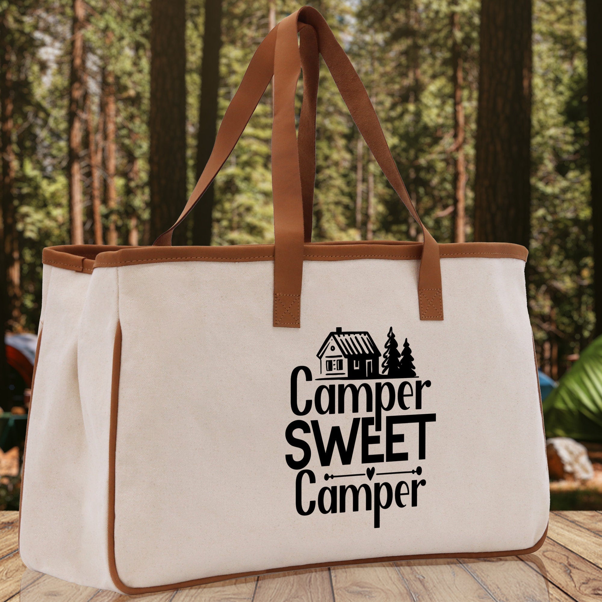 Camper Sweet Camper Cotton Canvas Chic Tote Bag Camping Tote Camping Lover Gift Tote Bag Outdoor Tote Weekender Tote Camper Tote
