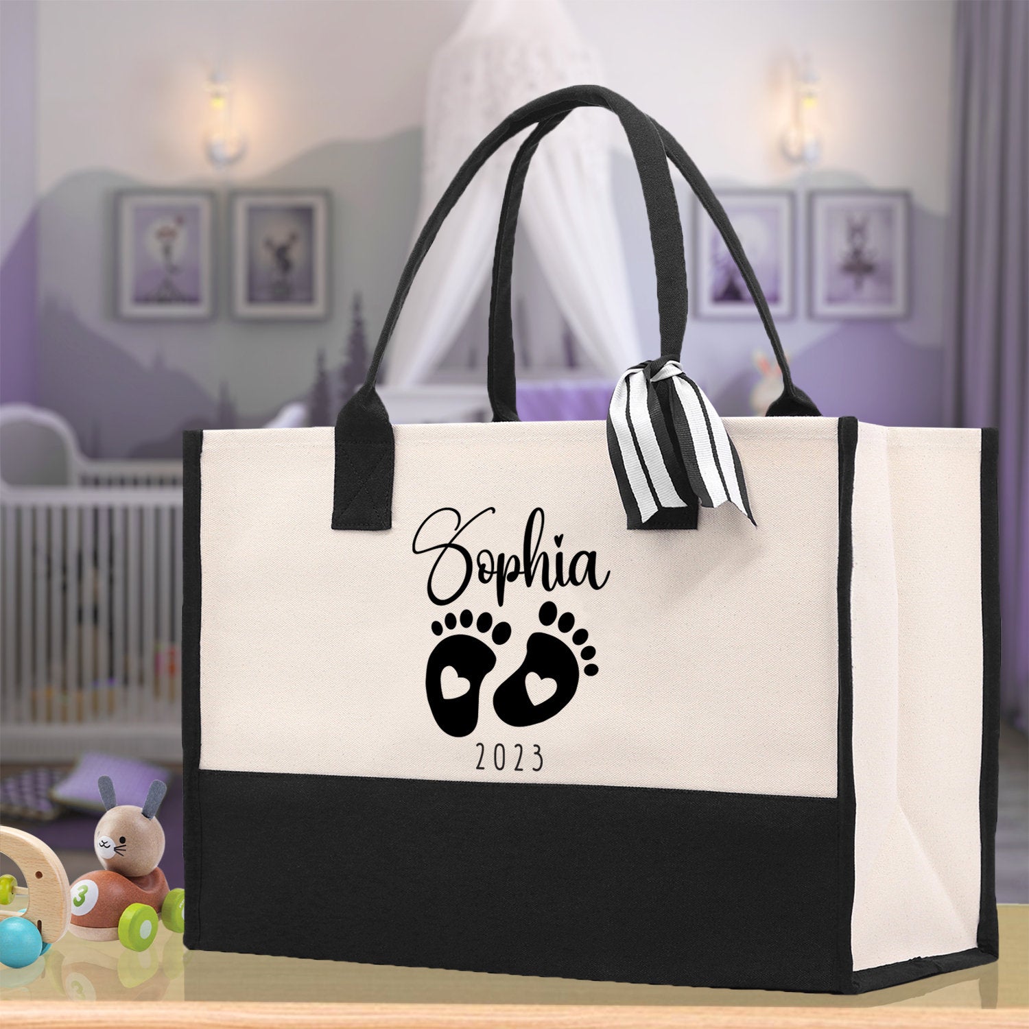Baby Feet Personalized Name and Date Tote Bag for New Mom Pregnant Mom Shower Gift Baby Footprints Labor & Delivery Chick Tote Carrying Bag