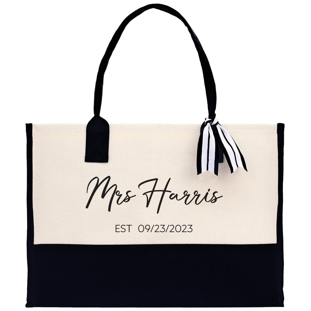 Mrs. Last Name Est Year Tote Bag Personalized Date Wedding Tote Bridal Shower Gift Honeymoon Gift Customized Wedding Gift Bridesmaid Gift