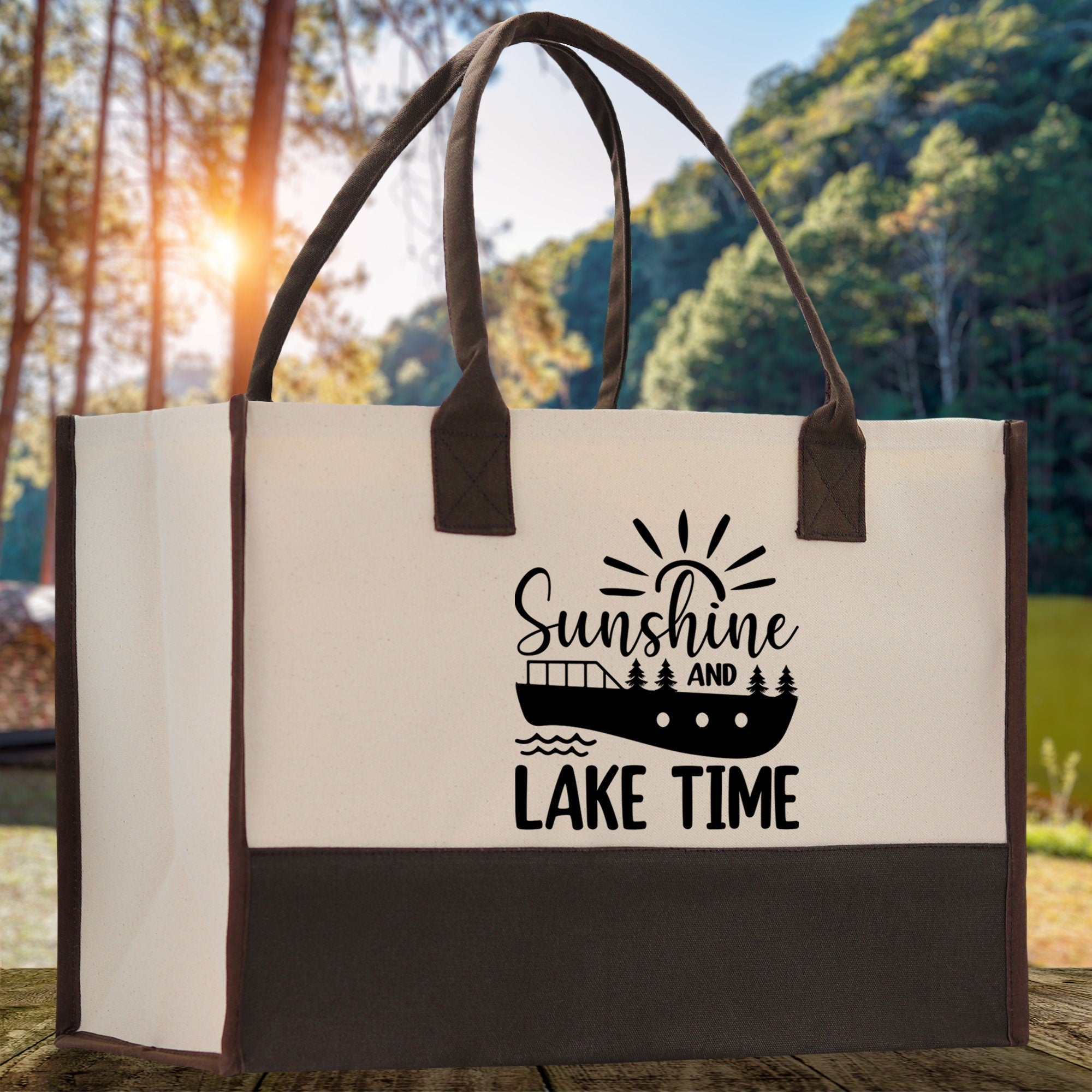 Sunshine and Lake Time Cotton Canvas Chic Tote Bag Camping Tote Lake Lover Gift Tote Bag Outdoor Tote Weekender Tote Laker Tote