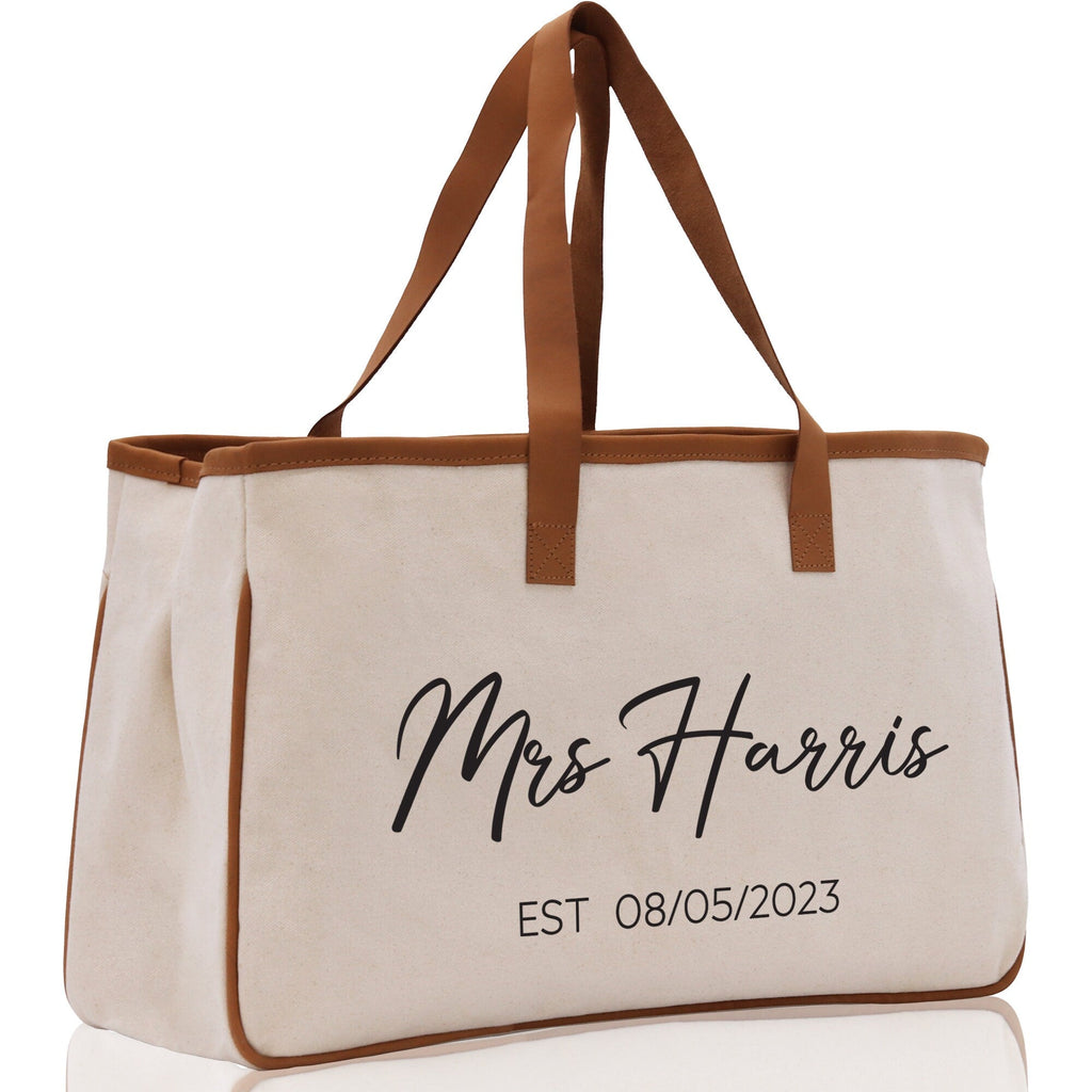 Mrs. Last Name Est Year Tote Bag Personalized Date Wedding Tote Bridal Shower Gift Honeymoon Gift Customized Wedding Gift Bridesmaid Gift