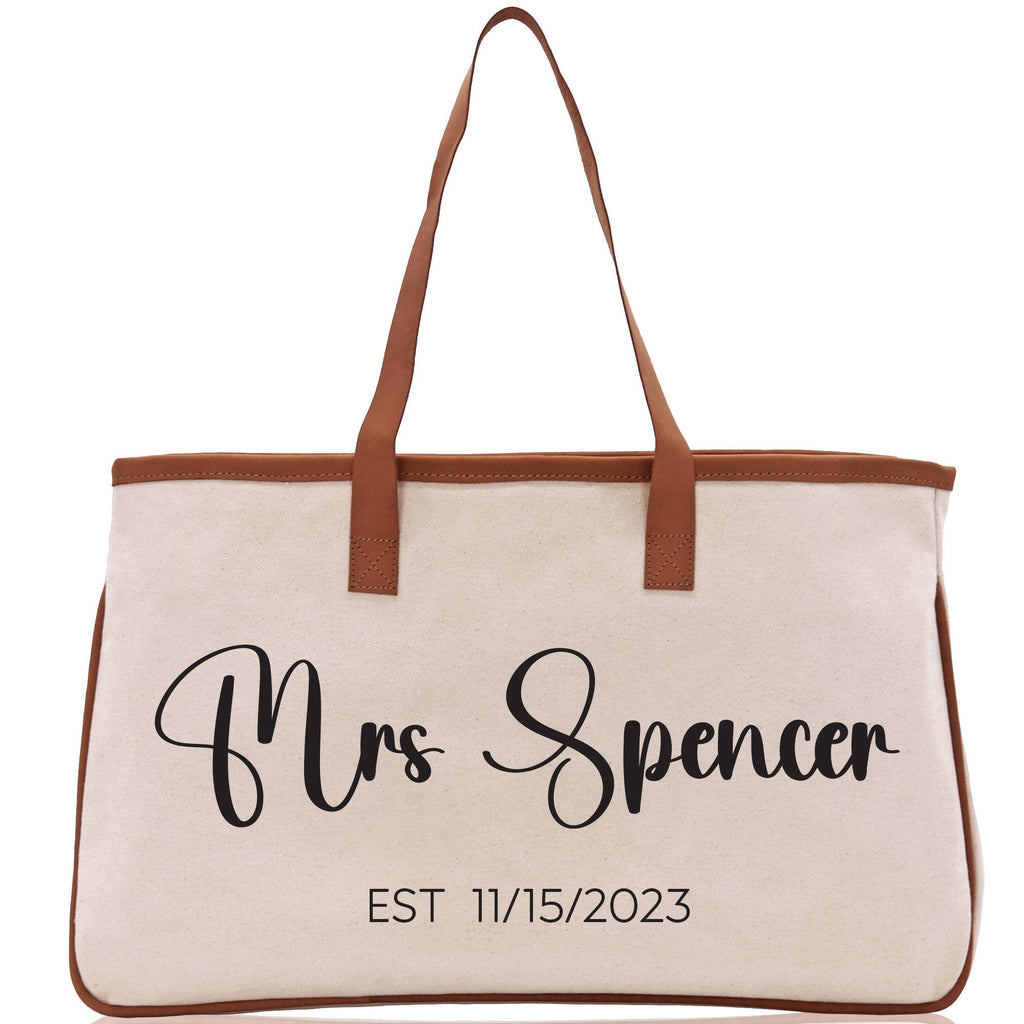 Mrs. Last Name Est Year Tote Bag Personalized Date Wedding Tote Bridal Shower Gift Honeymoon Gift Customized Wedding Gift Bridesmaid Gift