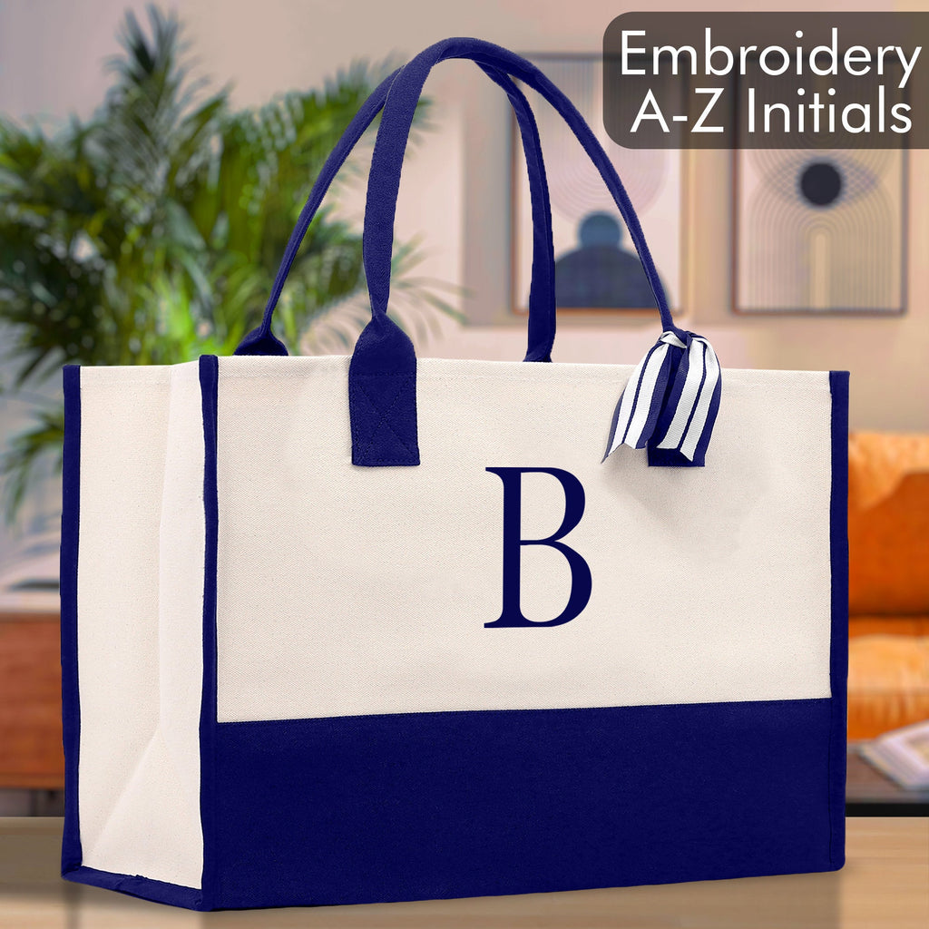 Personalized Cotton Canvas Beach Tote Bag Monogram Tote Bag Initial Canvas Tote Bridesmaid Gift Tote Custom Beach Bag Gift for Her A-Z