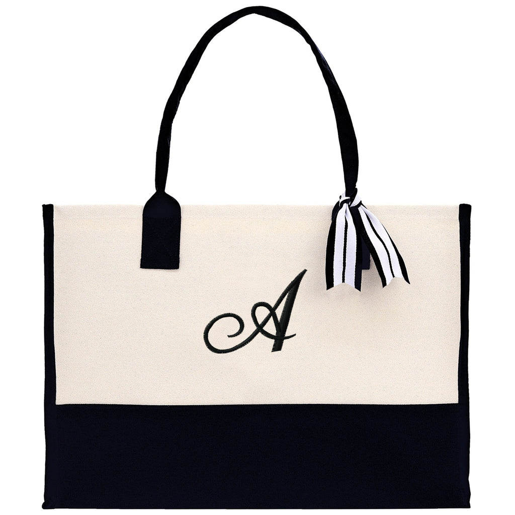 Personalized Cotton Canvas Beach Tote Bag Monogram Tote Bag Initial Canvas Tote Bridesmaid Gift Tote Custom Beach Bag Gift for Her A-Z