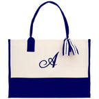 Personalized Cotton Canvas Beach Tote Bag Monogram Tote Bag Initial Canvas Tote Bridesmaid Gift Tote Custom Beach Bag Gift for Her A-Z