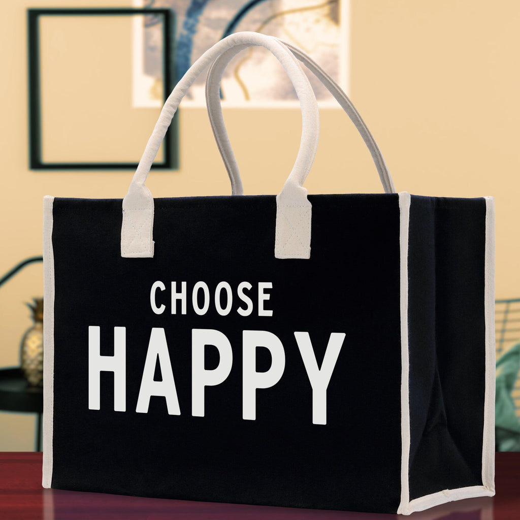Choose Happy Cotton Canvas Chic Beach Tote Bag Multipurpose Tote Weekender Tote Gift for Her Outdoor Tote Vacation Tote Large Beach Bag