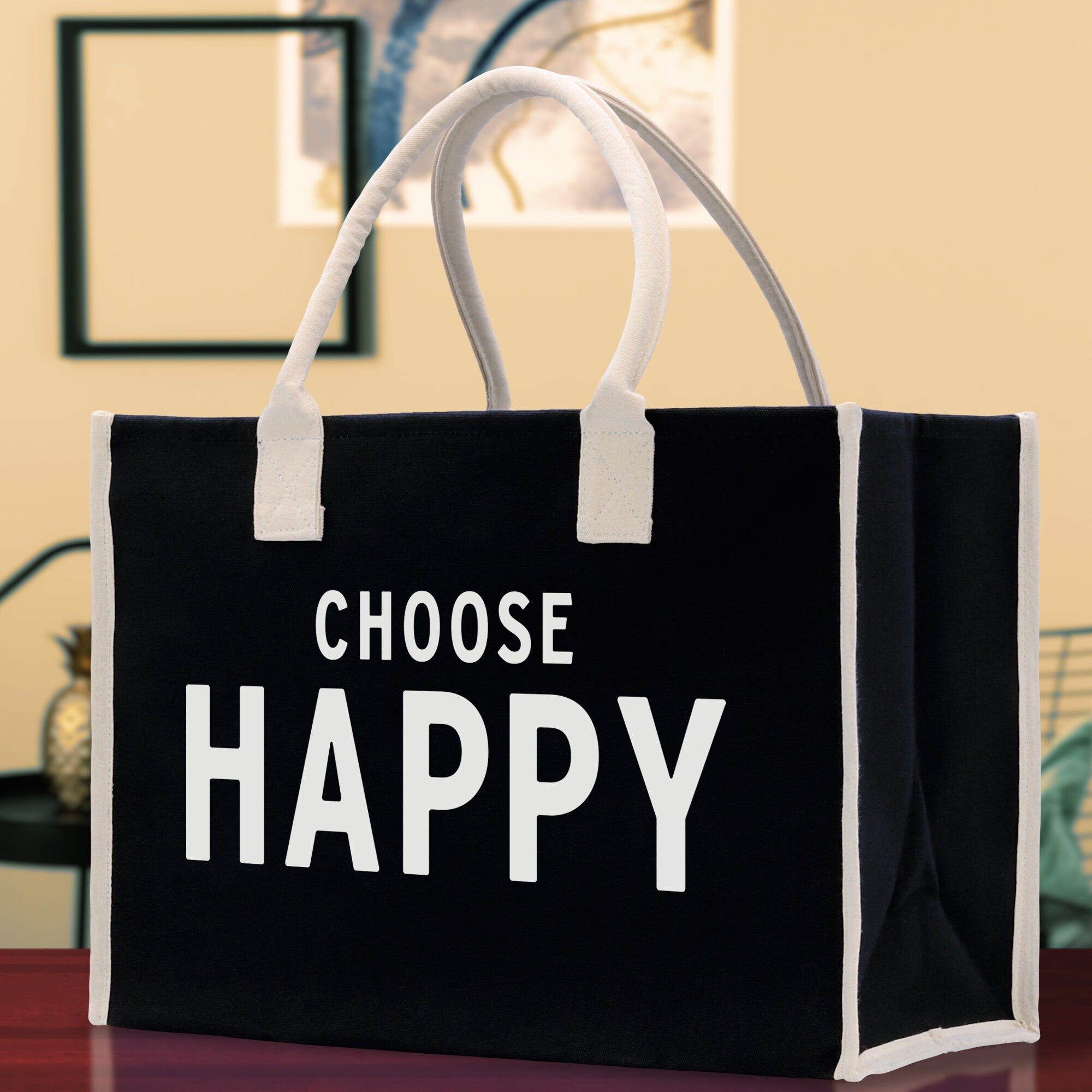 Choose Happy Cotton Canvas Chic Beach Tote Bag Multipurpose Tote Weekender Tote Gift for Her Outdoor Tote Vacation Tote Large Beach Bag