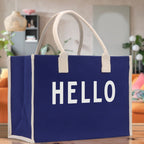 Hello Cotton Canvas Chic Beach Tote Bag Multipurpose Tote Weekender Tote Gift for Her Outdoor Tote Vacation Tote Large Beach Bag