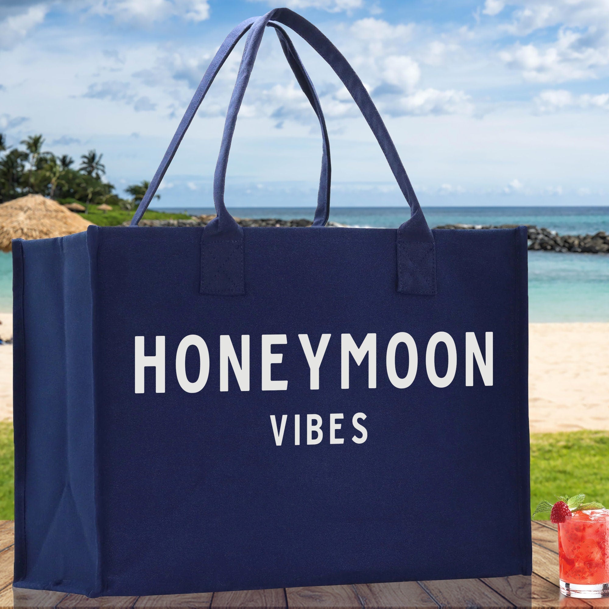 Honeymoon Vibes Cotton Canvas Chic Beach Tote Bag Multipurpose Tote Weekender Tote Gift for Her Outdoor Tote Vacation Tote Large Beach Bag