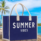 Summer Vibes Cotton Canvas Chic Beach Tote Bag Multipurpose Tote Weekender Tote Gift for Her Outdoor Tote Vacation Tote Large Beach Bag