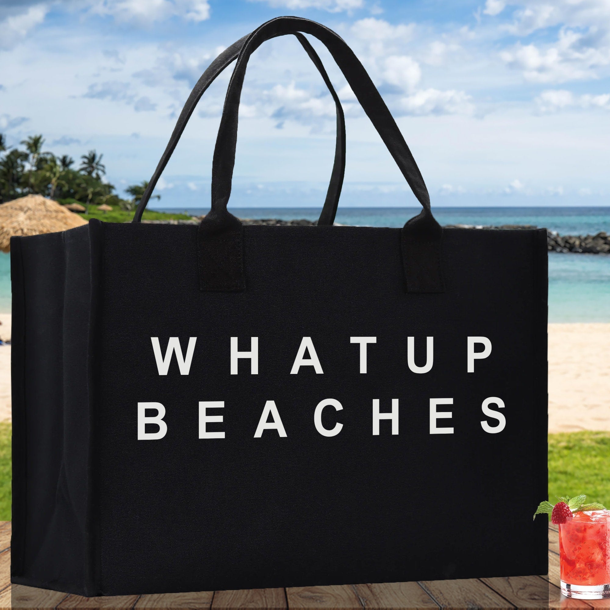 Whatup Beaches Cotton Canvas Chic Beach Tote Bag Multipurpose Tote Weekender Tote Gift for Her Outdoor Tote Vacation Tote Large Beach Bag