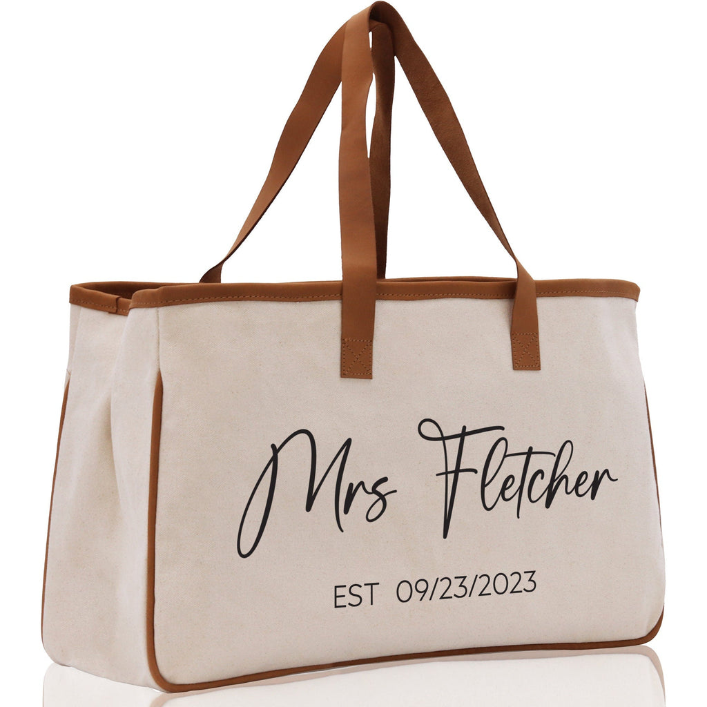 Mrs. Last Name Est Year Tote Bag Personalized Date Wedding Tote Bridal Shower Gift Honeymoon Gift Customized Wedding Gift Bridesmaid Gift