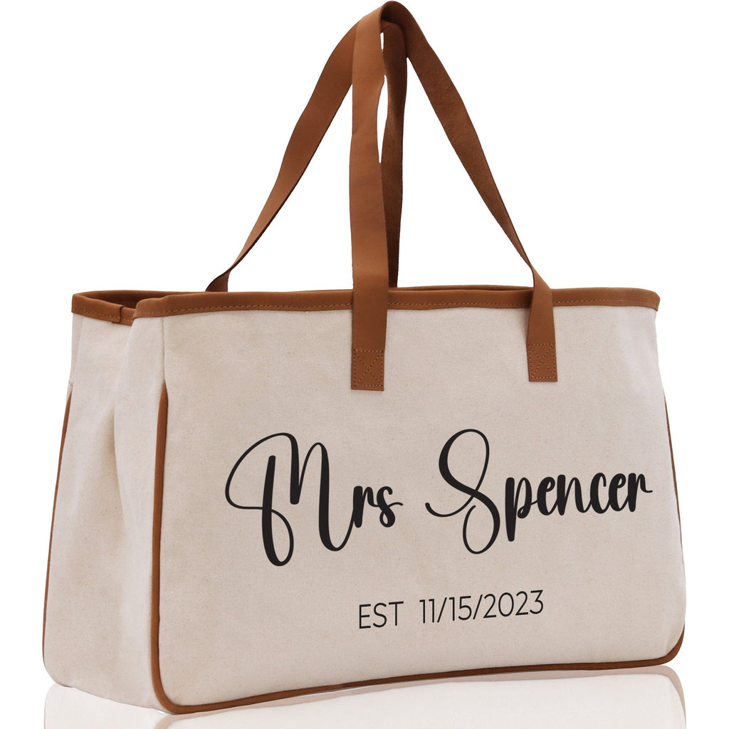 Mrs. Last Name Est Year Tote Bag Personalized Date Wedding Tote Bridal Shower Gift Honeymoon Gift Customized Wedding Gift Bridesmaid Gift