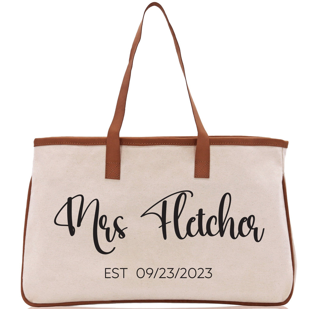 Mrs. Last Name Est Year Tote Bag Personalized Date Wedding Tote Bridal Shower Gift Honeymoon Gift Customized Wedding Gift Bridesmaid Gift