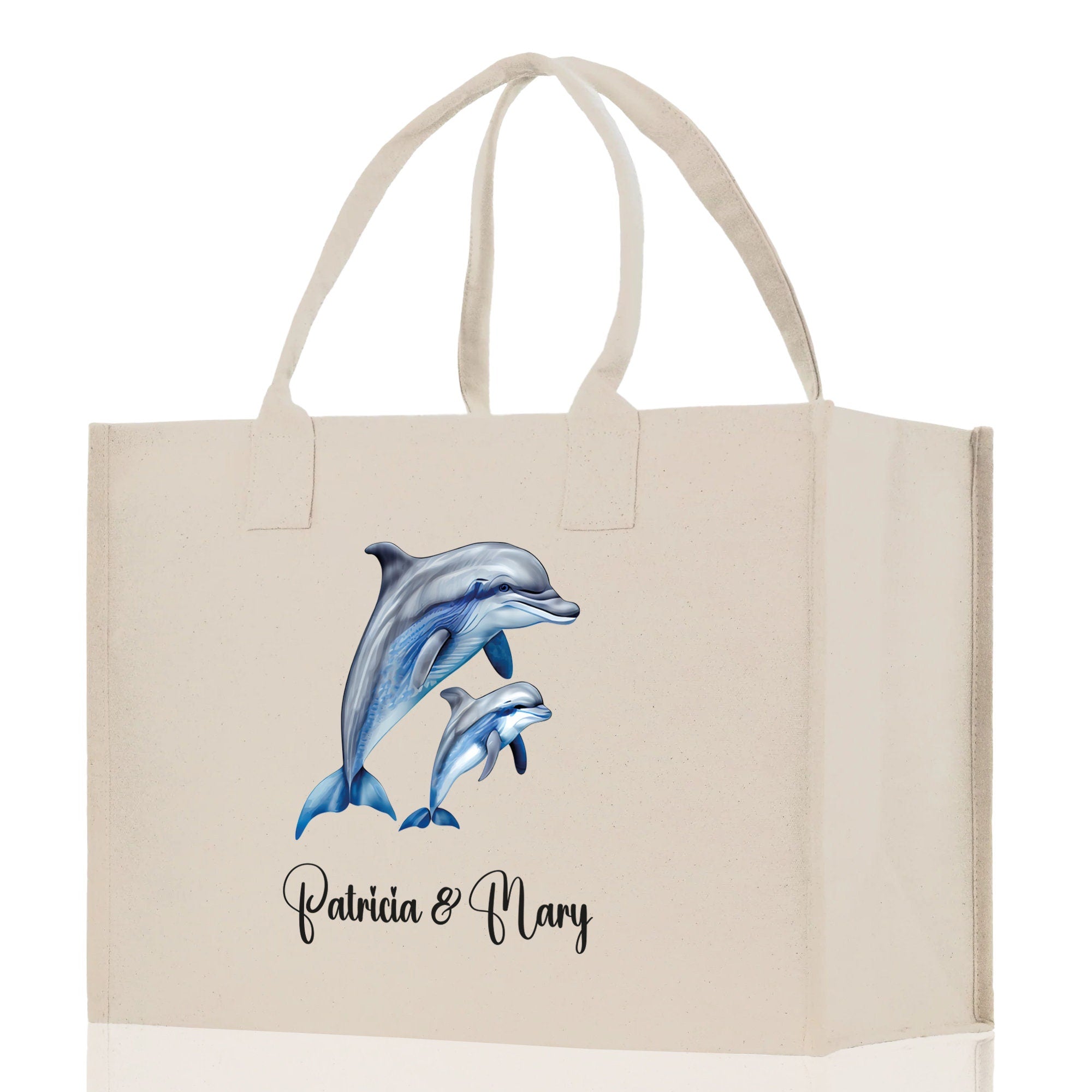 Dolphin Mom And Baby Name Custom Cotton Canvas Tote Bag Custom Pet Lover Gift Pet Portrait Bag Personalized Pet Owner Gift Tote Bag