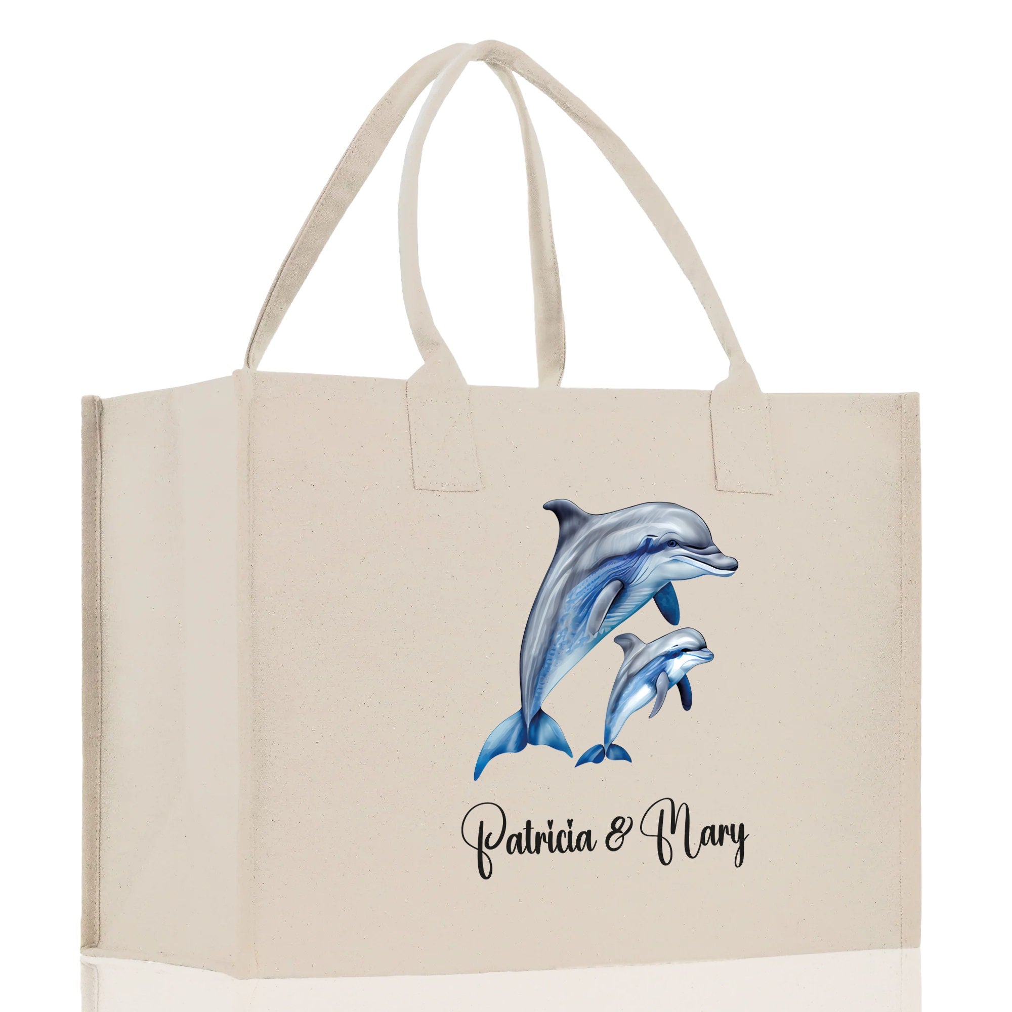 Dolphin Mom And Baby Name Custom Cotton Canvas Tote Bag Custom Pet Lover Gift Pet Portrait Bag Personalized Pet Owner Gift Tote Bag