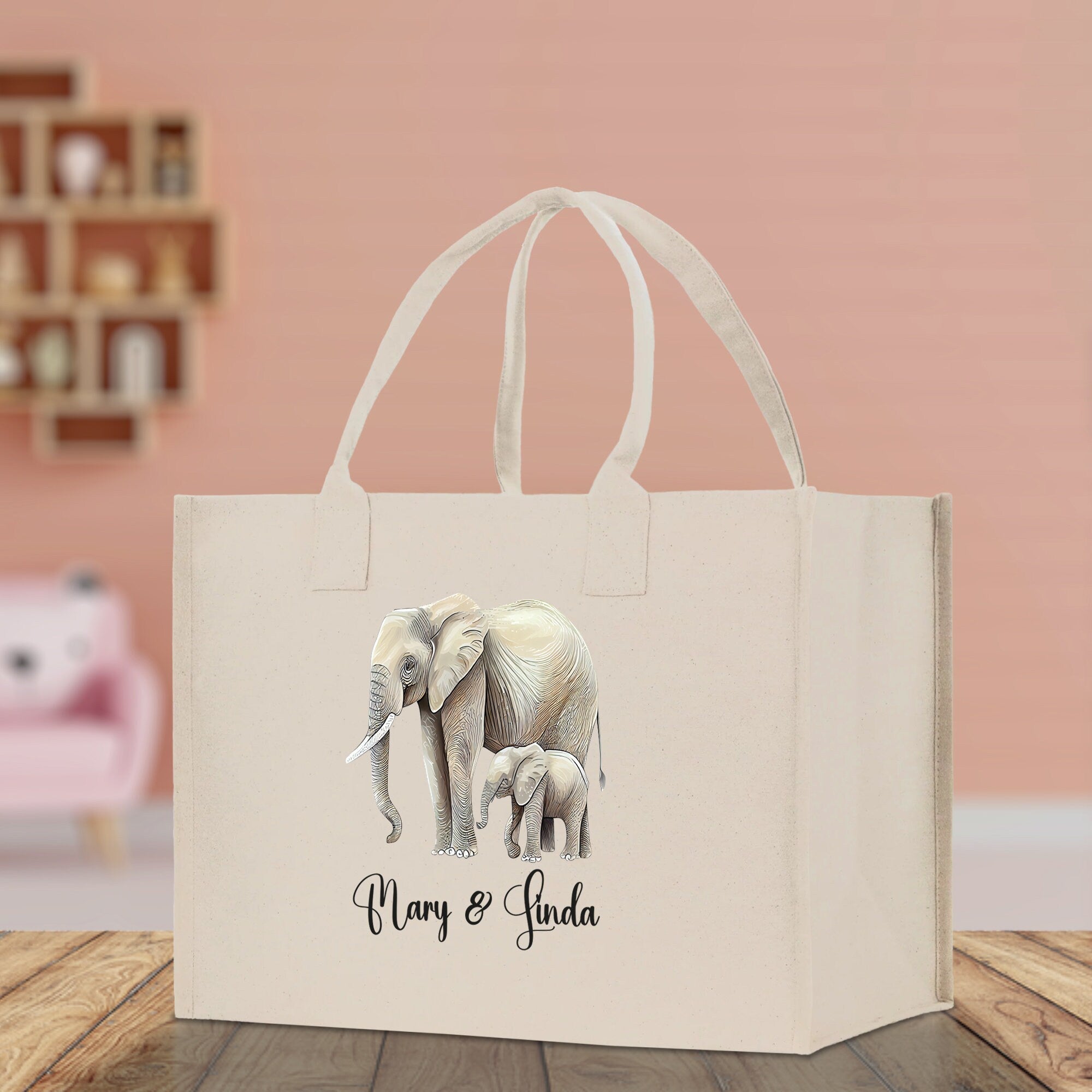 Elephant Mom And Baby Name Custom Cotton Canvas Tote Bag Custom Pet Lover Gift Pet Portrait Bag Personalized Pet Owner Gift Tote Bag