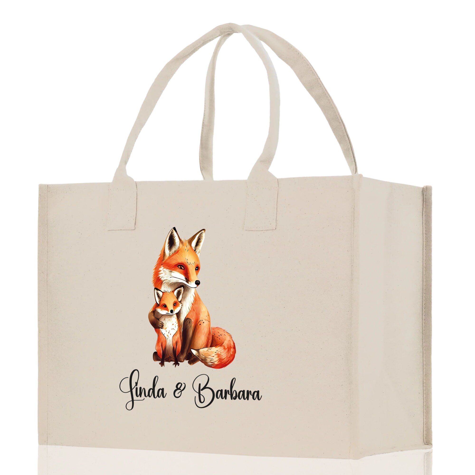 Fox Mom And Baby Name Custom Cotton Canvas Tote Bag Custom Pet Lover Gift Pet Portrait Bag Personalized Pet Owner Gift Tote Bag