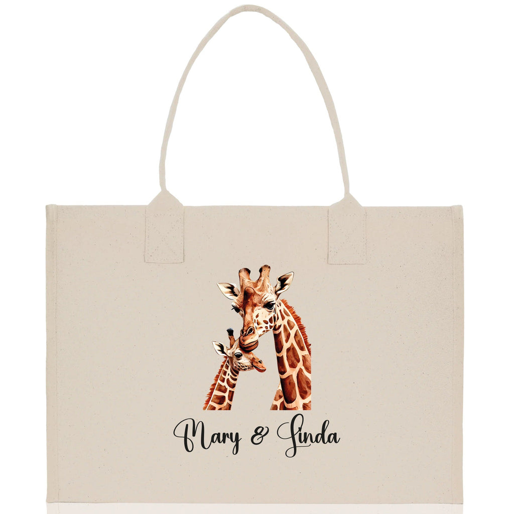 Giraffe Mom And Baby Name Custom Cotton Canvas Tote Bag Custom Pet Lover Gift Pet Portrait Bag Personalized Pet Owner Gift Tote Bag
