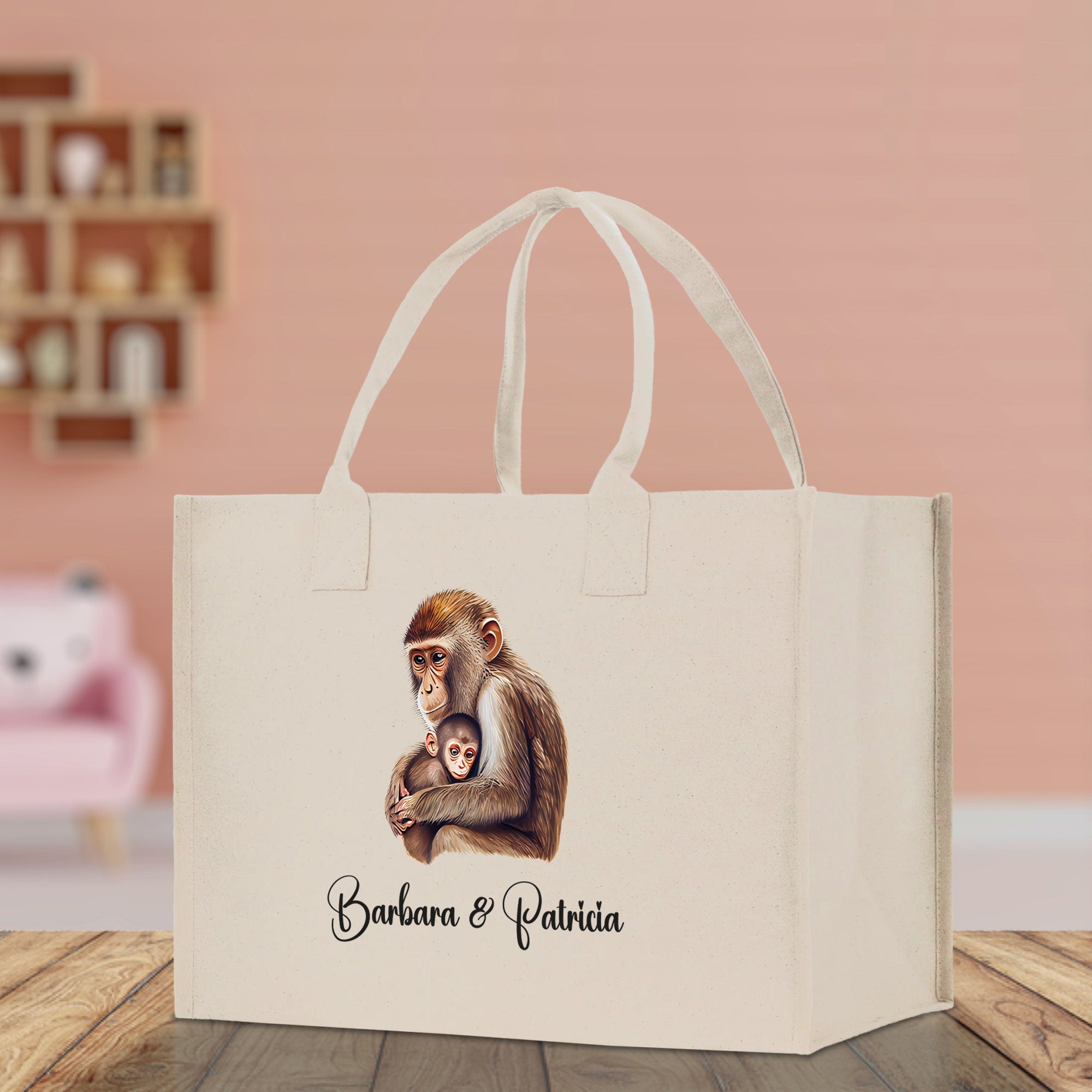 Monkey Mom And Baby Name Custom Cotton Canvas Tote Bag Custom Pet Lover Gift Pet Portrait Bag Personalized Pet Owner Gift Tote Bag