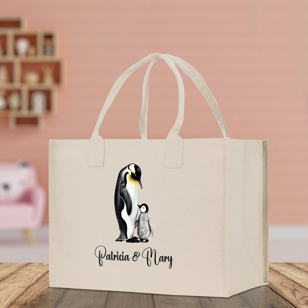 Penguin Mom And Baby Name Custom Cotton Canvas Tote Bag Custom Pet Lover Gift Pet Portrait Bag Personalized Pet Owner Gift Tote Bag