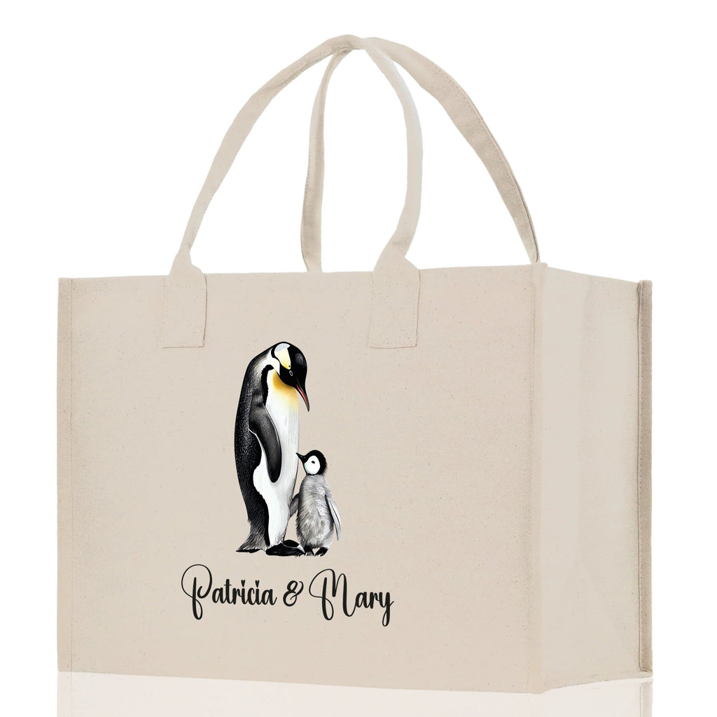Penguin Mom And Baby Name Custom Cotton Canvas Tote Bag Custom Pet Lover Gift Pet Portrait Bag Personalized Pet Owner Gift Tote Bag
