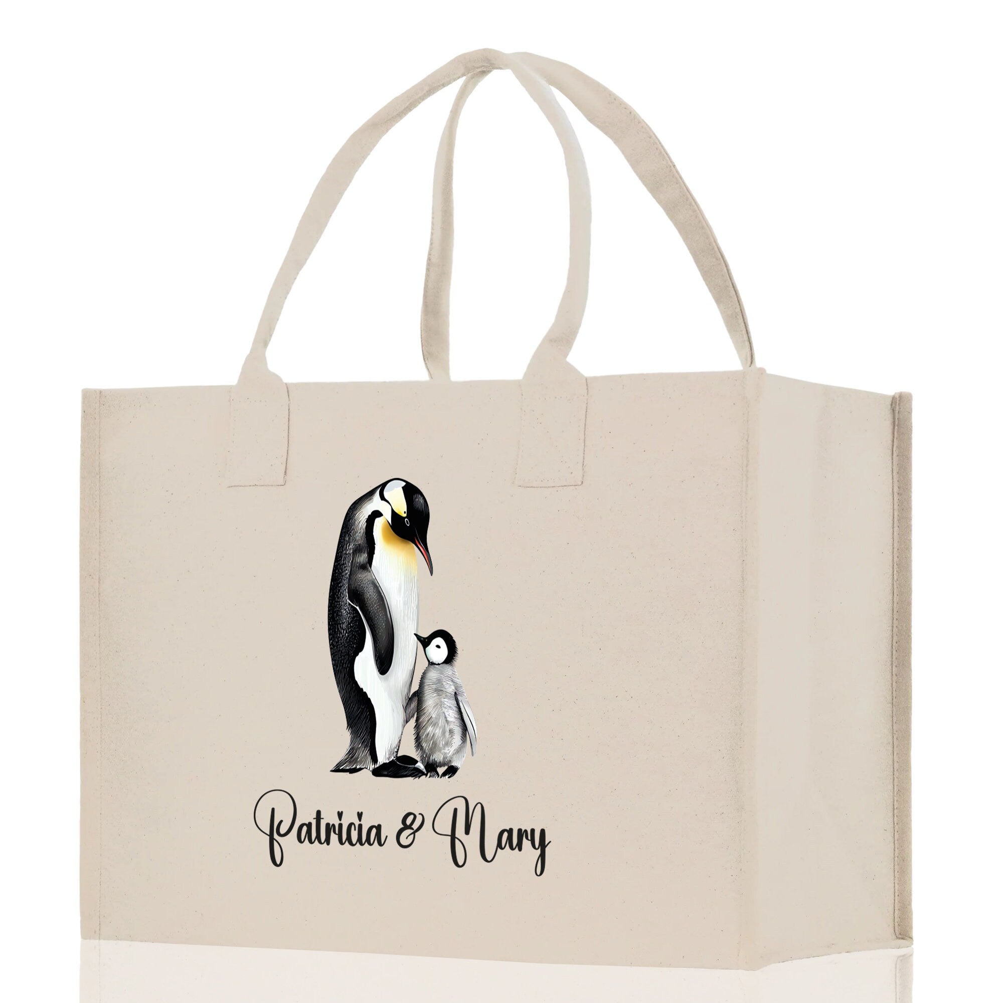 Penguin Mom And Baby Name Custom Cotton Canvas Tote Bag Custom Pet Lover Gift Pet Portrait Bag Personalized Pet Owner Gift Tote Bag