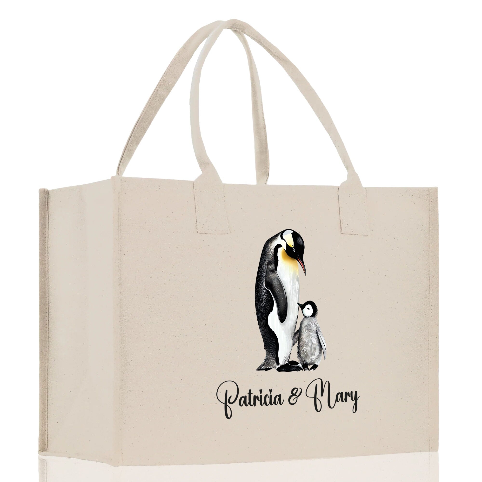 Penguin Mom And Baby Name Custom Cotton Canvas Tote Bag Custom Pet Lover Gift Pet Portrait Bag Personalized Pet Owner Gift Tote Bag