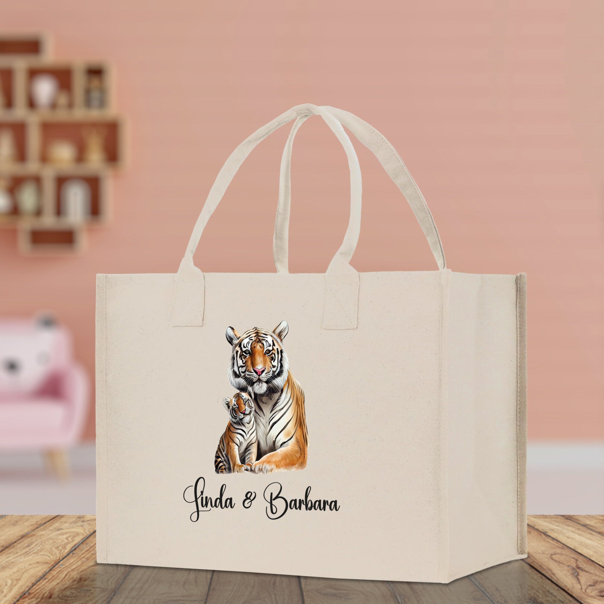 Tiger Mom And Baby Name Custom Cotton Canvas Tote Bag Custom Pet Lover Gift Pet Portrait Bag Personalized Pet Owner Gift Tote Bag
