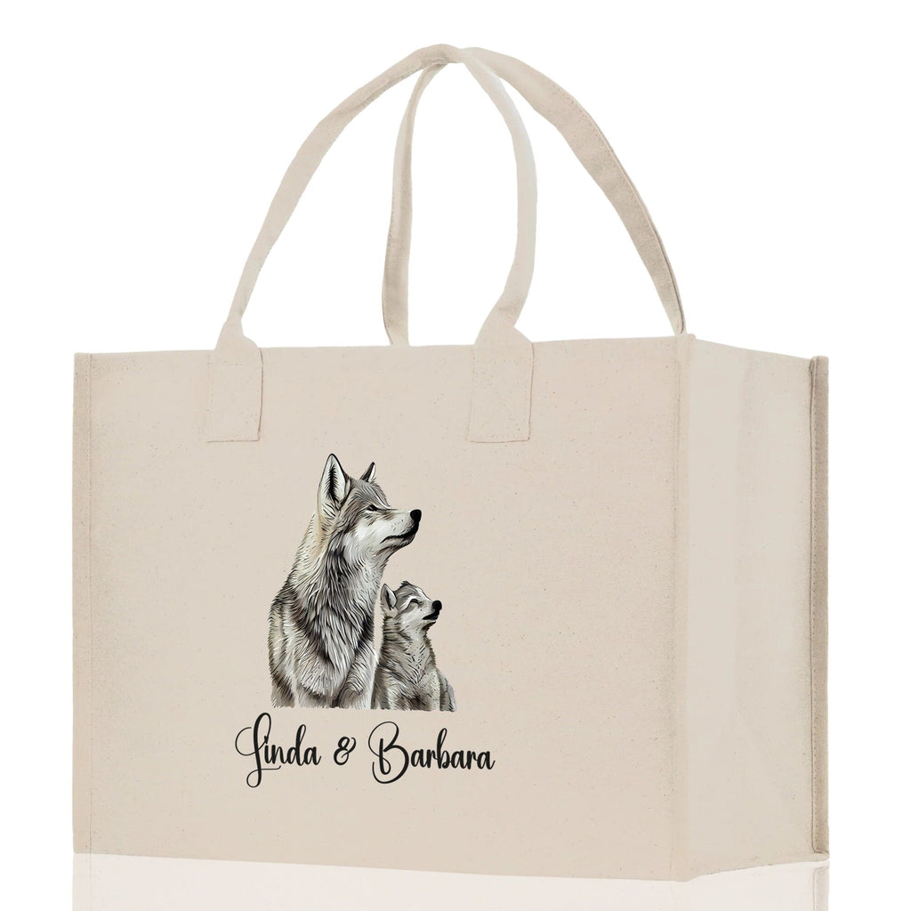 Wolf Mom And Baby Name Custom Cotton Canvas Tote Bag Custom Pet Lover Gift Pet Portrait Bag Personalized Pet Owner Gift Tote Bag