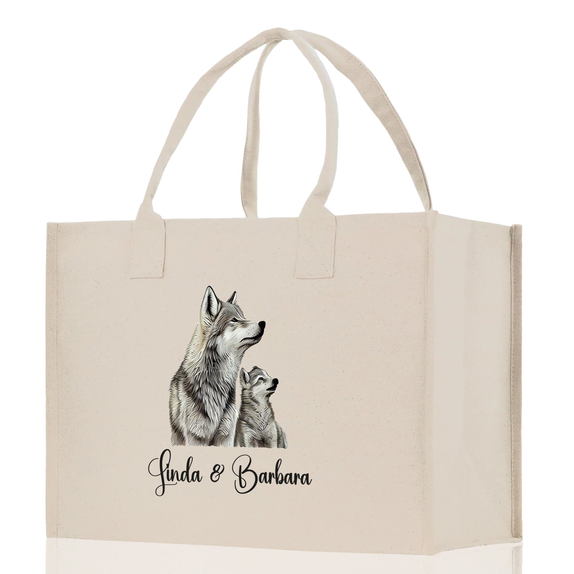 Wolf Mom And Baby Name Custom Cotton Canvas Tote Bag Custom Pet Lover Gift Pet Portrait Bag Personalized Pet Owner Gift Tote Bag
