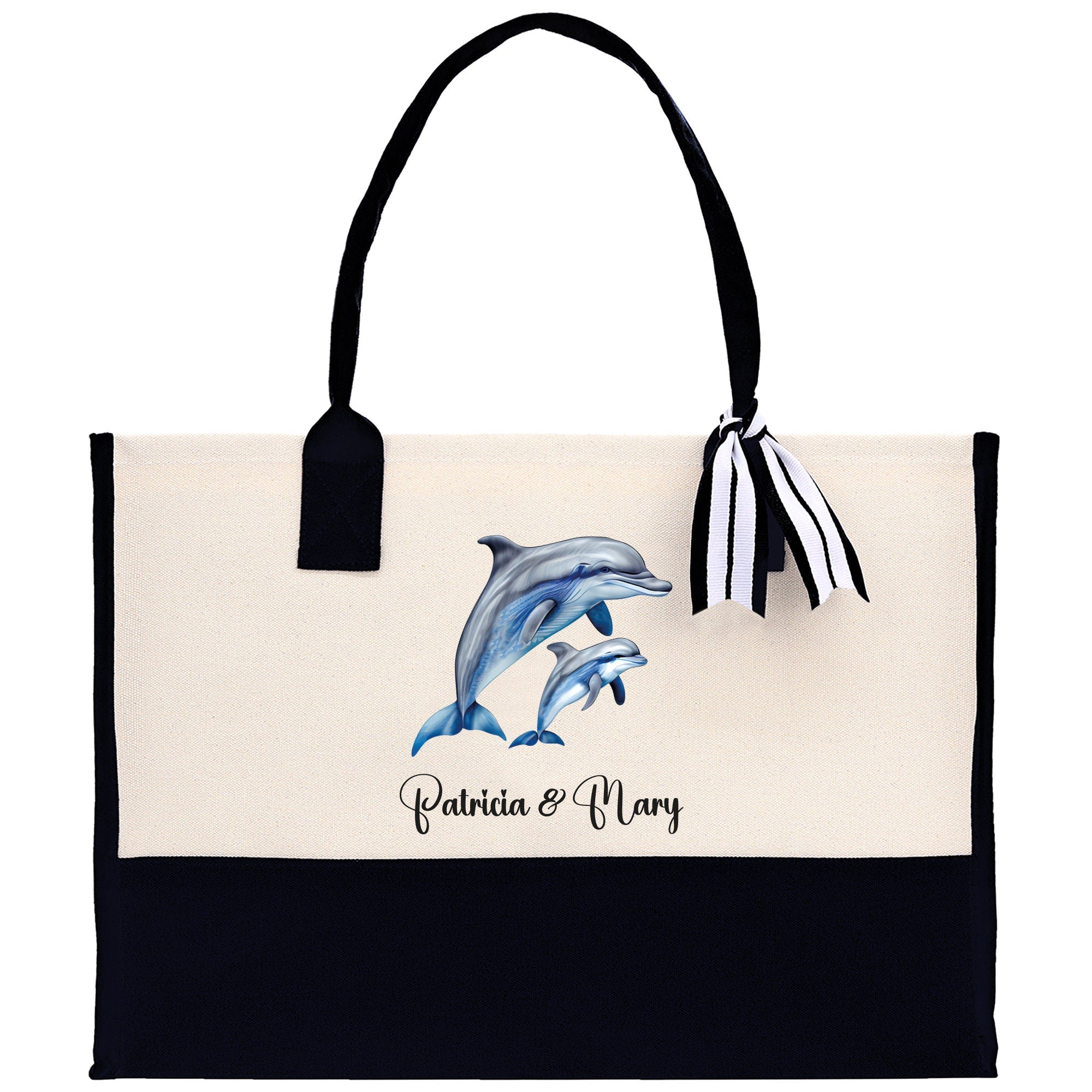 Dolphin Mom And Baby Name Custom Cotton Canvas Tote Bag Custom Pet Lover Gift Pet Portrait Bag Personalized Pet Owner Gift Tote Bag