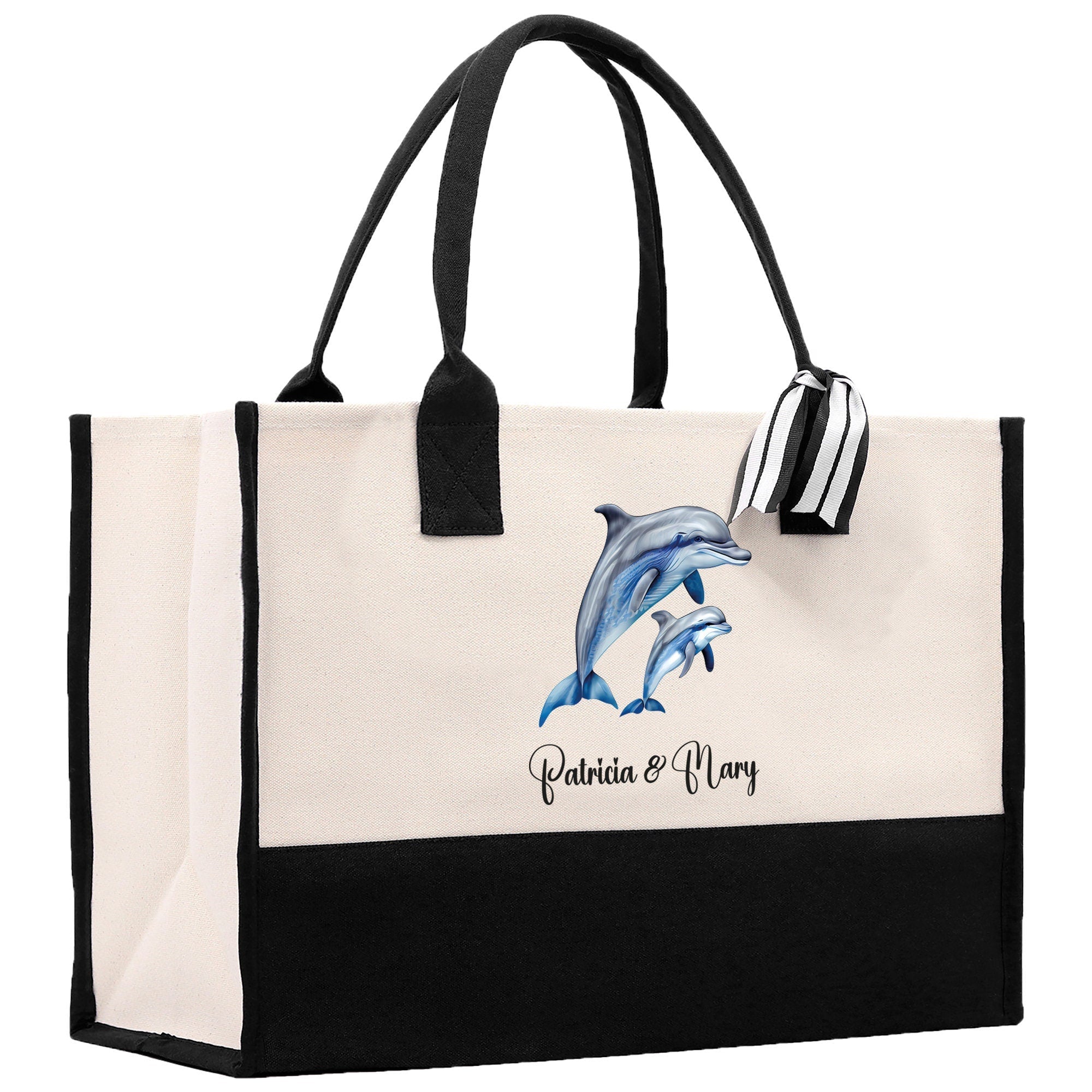 Dolphin Mom And Baby Name Custom Cotton Canvas Tote Bag Custom Pet Lover Gift Pet Portrait Bag Personalized Pet Owner Gift Tote Bag