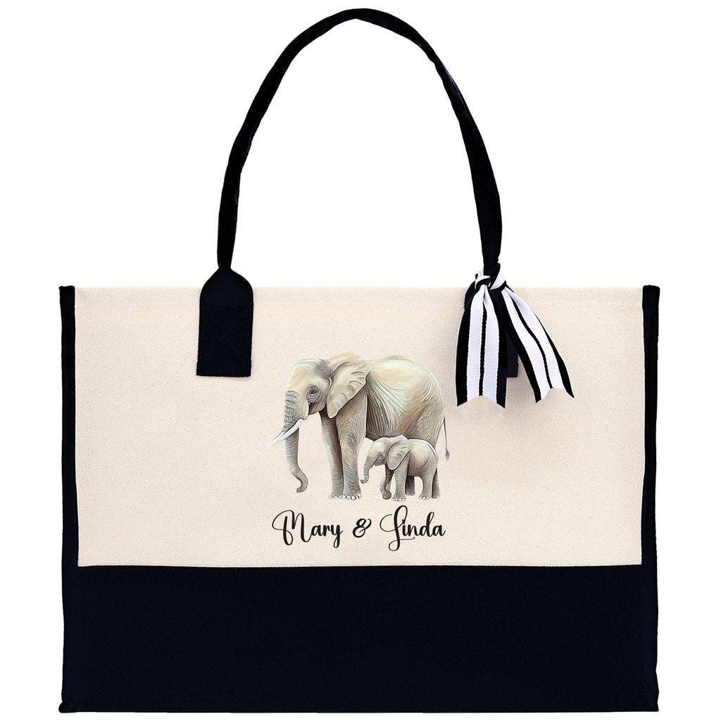 Elephant Mom And Baby Name Custom Cotton Canvas Tote Bag Custom Pet Lover Gift Pet Portrait Bag Personalized Pet Owner Gift Tote Bag