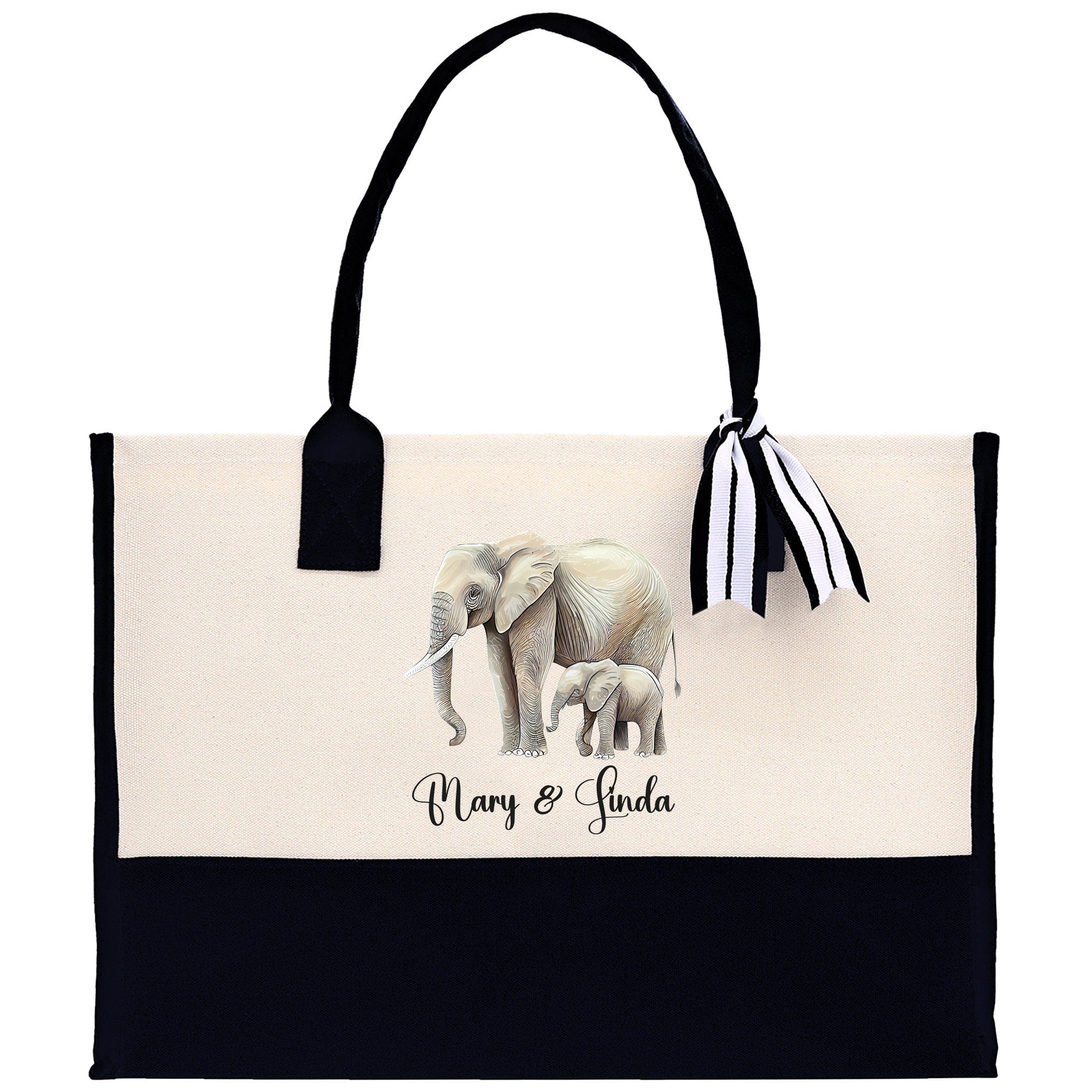 Elephant Mom And Baby Name Custom Cotton Canvas Tote Bag Custom Pet Lover Gift Pet Portrait Bag Personalized Pet Owner Gift Tote Bag