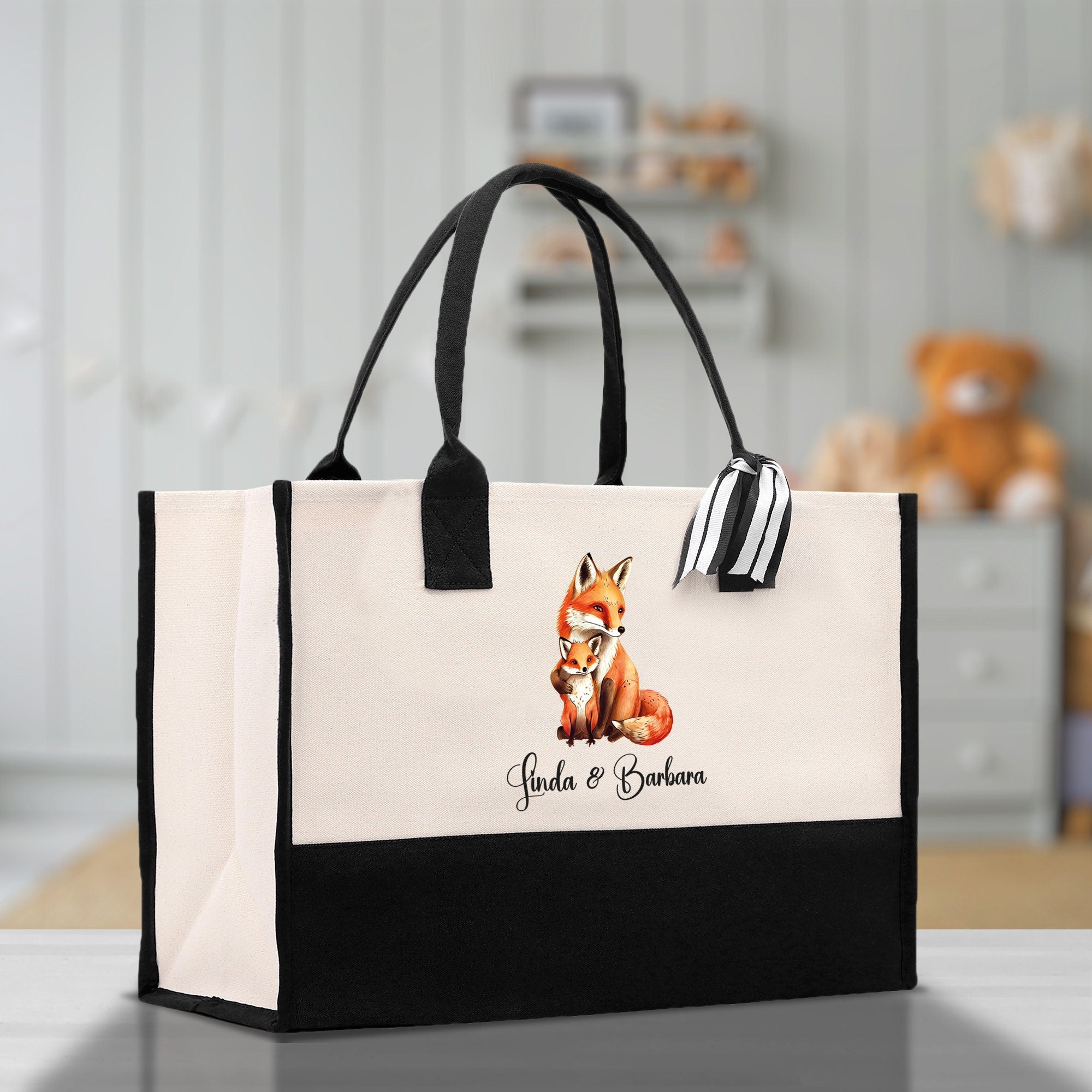 Fox Mom And Baby Name Custom Cotton Canvas Tote Bag Custom Pet Lover Gift Pet Portrait Bag Personalized Pet Owner Gift Tote Bag