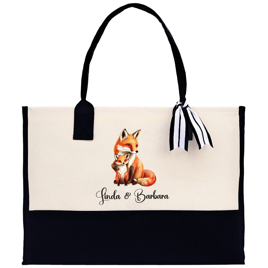 Fox Mom And Baby Name Custom Cotton Canvas Tote Bag Custom Pet Lover Gift Pet Portrait Bag Personalized Pet Owner Gift Tote Bag