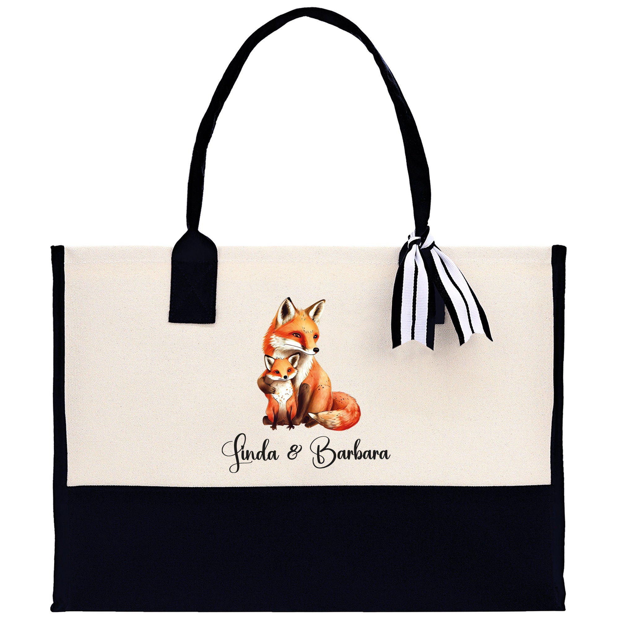 Fox Mom And Baby Name Custom Cotton Canvas Tote Bag Custom Pet Lover Gift Pet Portrait Bag Personalized Pet Owner Gift Tote Bag