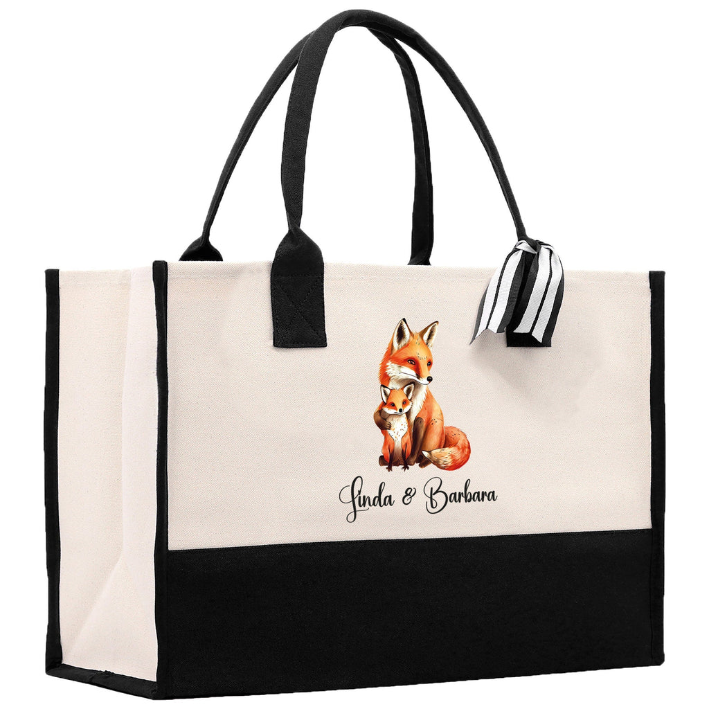 Fox Mom And Baby Name Custom Cotton Canvas Tote Bag Custom Pet Lover Gift Pet Portrait Bag Personalized Pet Owner Gift Tote Bag
