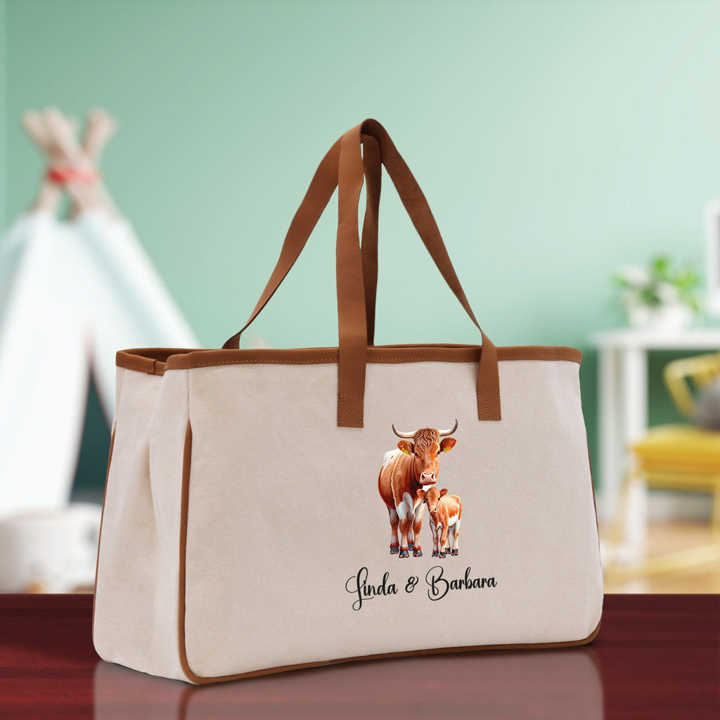 Cow Mom And Baby Name Custom Cotton Canvas Tote Bag Custom Pet Lover Gift Pet Portrait Bag Personalized Pet Owner Gift Tote Bag