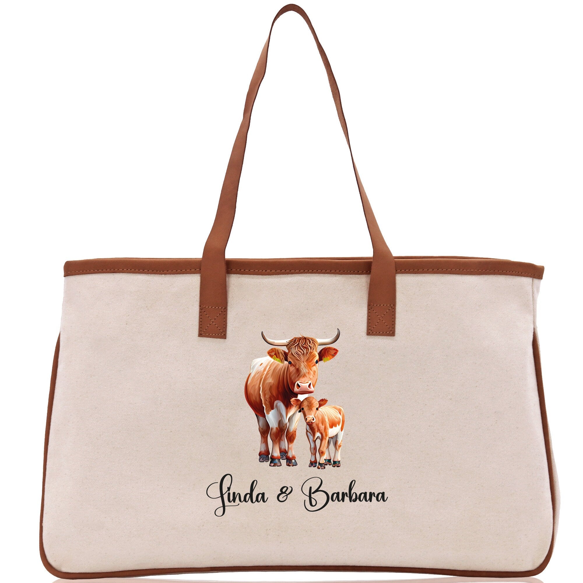 Cow Mom And Baby Name Custom Cotton Canvas Tote Bag Custom Pet Lover Gift Pet Portrait Bag Personalized Pet Owner Gift Tote Bag