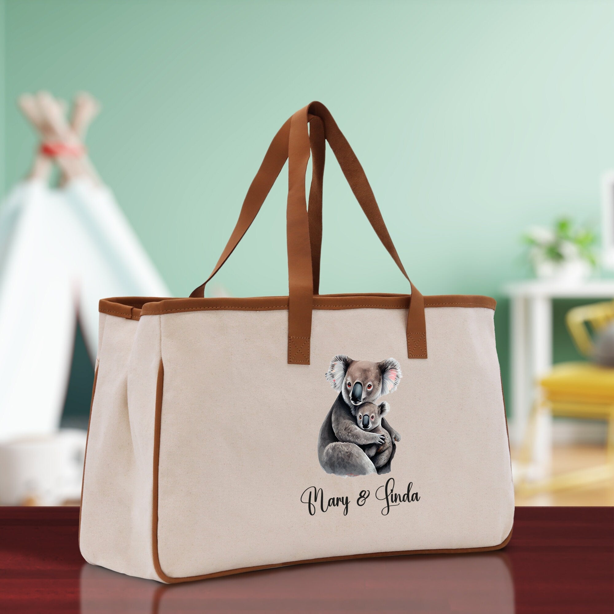 Koala Mom And Baby Name Custom Cotton Canvas Tote Bag Custom Pet Lover Gift Pet Portrait Bag Personalized Pet Owner Gift Tote Bag
