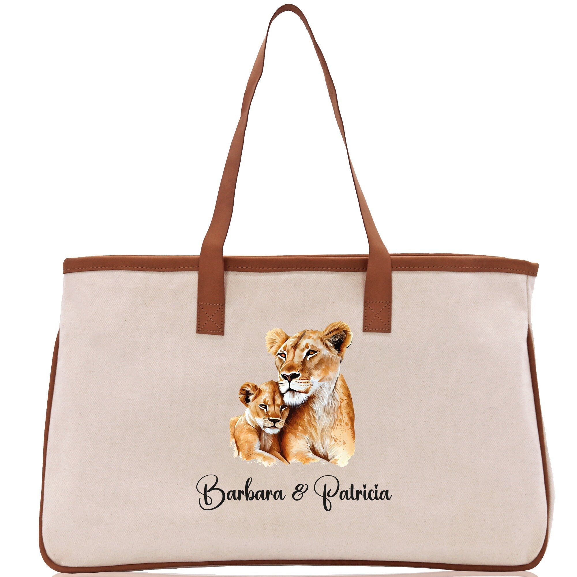 Lion Mom And Baby Name Custom Cotton Canvas Tote Bag Custom Pet Lover Gift Pet Portrait Bag Personalized Pet Owner Gift Tote Bag