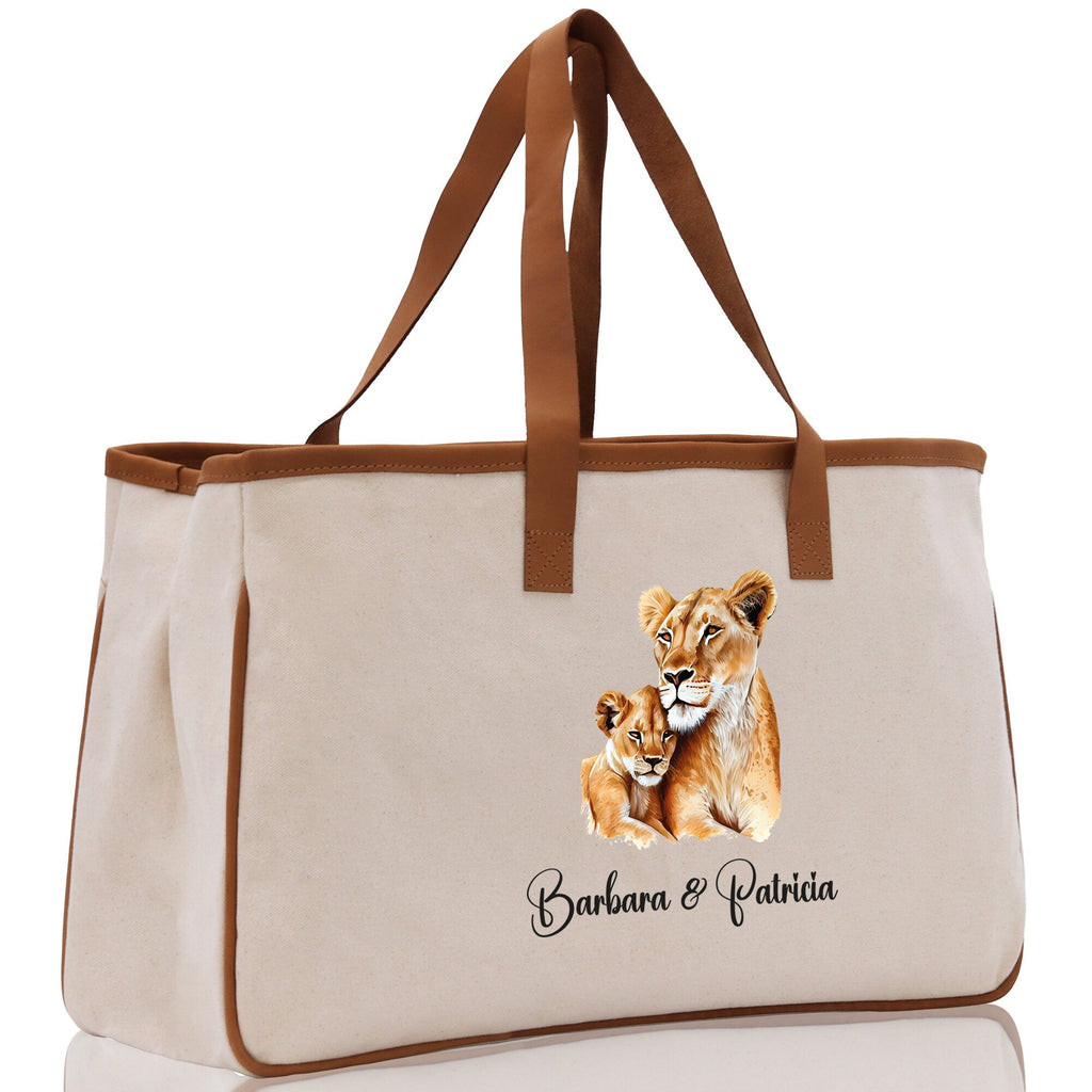 Lion Mom And Baby Name Custom Cotton Canvas Tote Bag Custom Pet Lover Gift Pet Portrait Bag Personalized Pet Owner Gift Tote Bag