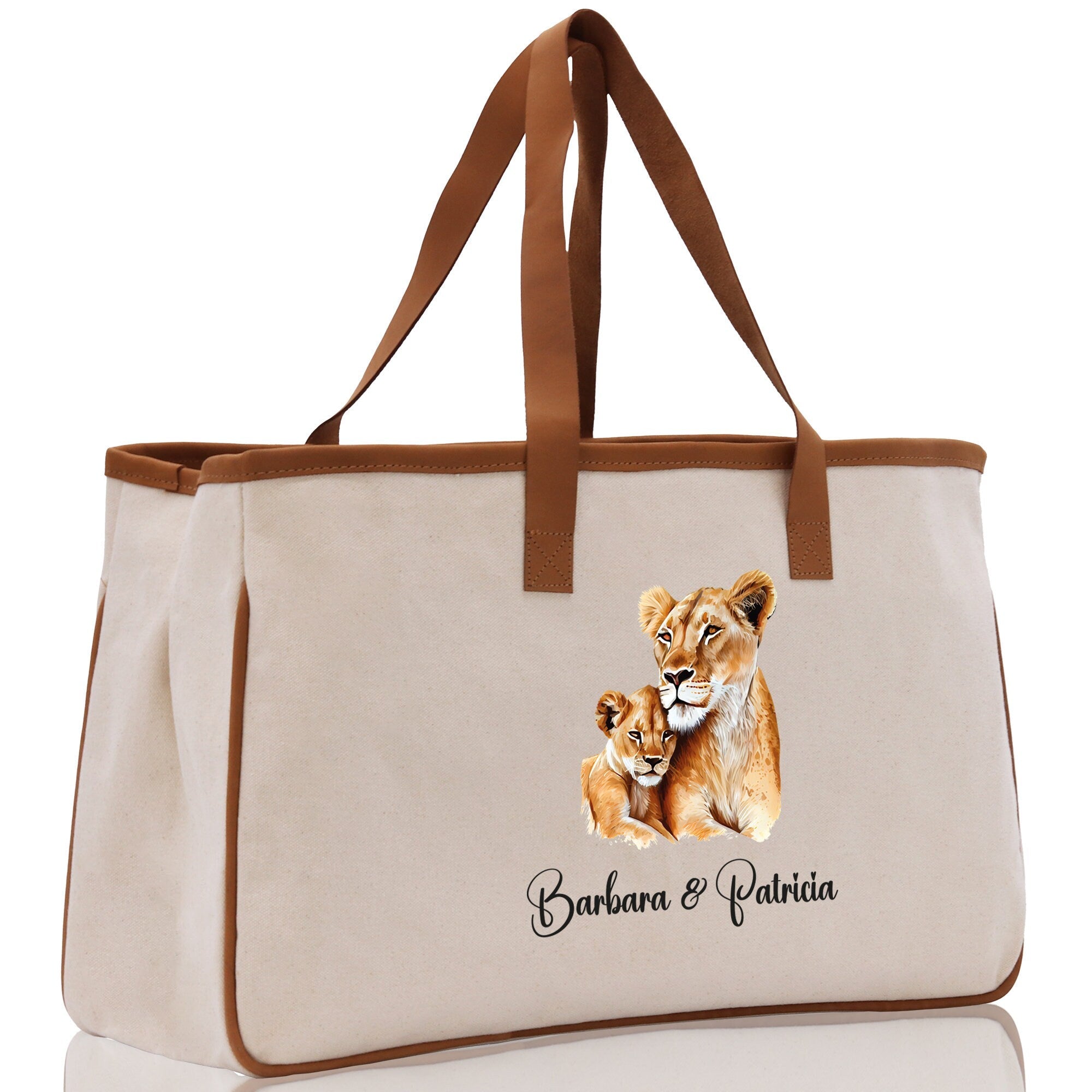 Lion Mom And Baby Name Custom Cotton Canvas Tote Bag Custom Pet Lover Gift Pet Portrait Bag Personalized Pet Owner Gift Tote Bag